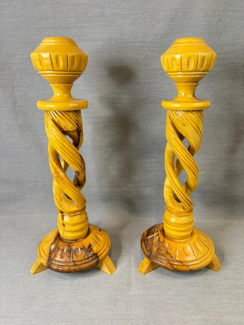 Olive Wood Candlestick Pair Hollow Spiral Barley Twist Hand Carved Bethlehem